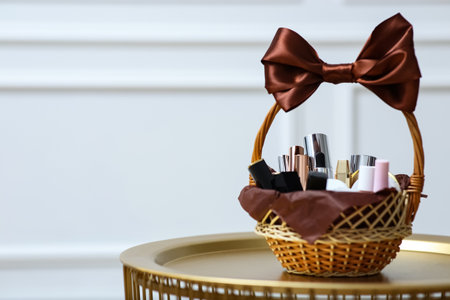 Gift set in wicker basket on golden table near white wall. Space for textの写真素材