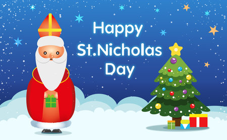 Saint Nicholas and Christmas tree on blue background, illustration. greeting card designの写真素材