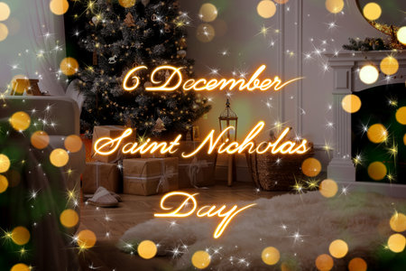 December 6 Saint Nicholas Day. Beautiful room interior with Christmas tree and fireplaceの写真素材