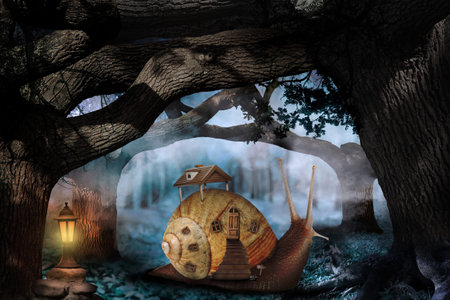 fantasy world. Magic snail with its shell house moving in dark foggy forestの写真素材