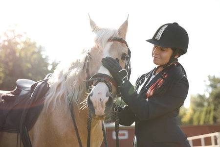 Young woman in horse riding suit and her beautiful pet outdoors on sunny dayの写真素材