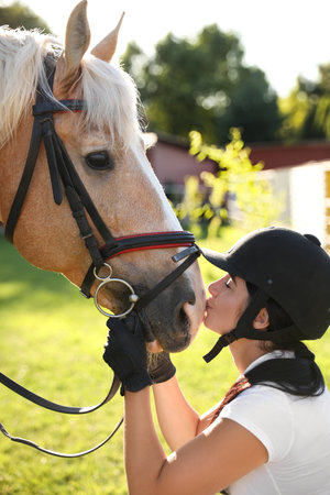 Young woman in horse riding suit and her beautiful pet outdoors on sunny dayの写真素材