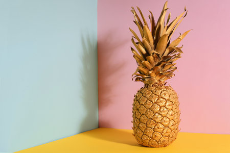 Golden pineapple on color background, space for text. creative conceptの写真素材