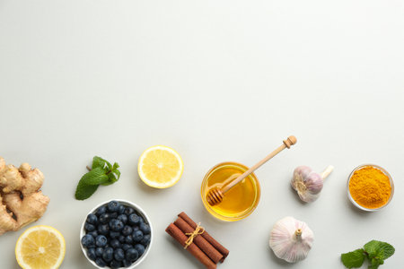 Flat lay composition with fresh products on gray background, space for text. natural antibioticsの写真素材