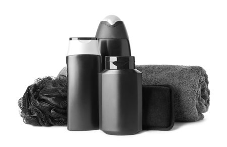 Set with men's personal hygiene products on white background