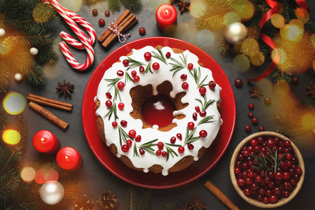 Flat lay composition with traditional Christmas cake and decorations on dark gray table. bokeh effectの写真素材