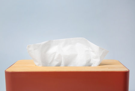 Holder with paper tissues on light gray background, closeupの写真素材