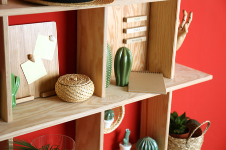 Stylish wooden shelves with decorative elements on red wall