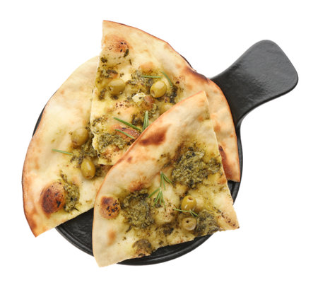 Slices of delicious focaccia bread with green olives on white background, top viewの写真素材