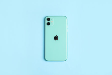 MYKOLAIV, UKRAINE - JULY 10, 2020: New modern Iphone 11 Green on light blue background, top view