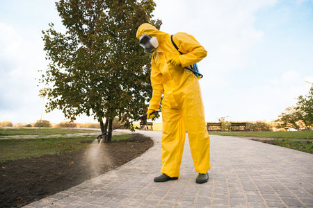 Person in hazmat suit disinfecting street pavement with sprayer. Surface treatment during coronavirus pandemicの写真素材