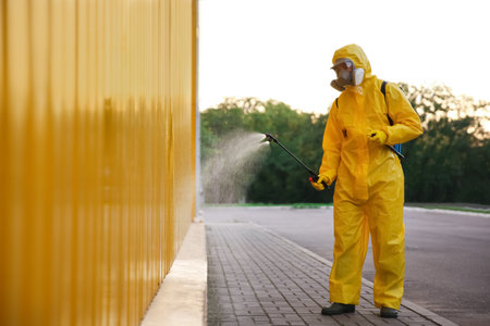 Person in hazmat suit disinfecting street with sprayer. Surface treatment during coronavirus pandemicの写真素材