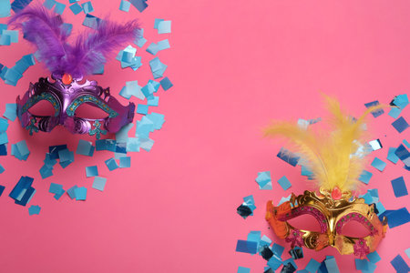 Beautiful carnival masks and shiny confetti on pink background, flat lay. Space for textの写真素材