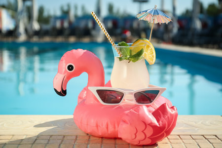 Tasty refreshing cocktail and sunglasses on edge of swimming pool. party itemsの写真素材