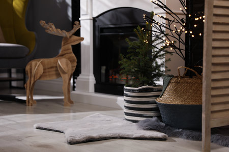 Beautiful room interior with potted fir tree and fireplaceの写真素材