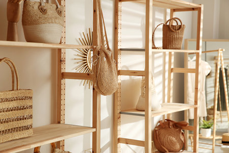 Stylish woman's bags on shelves in boutiqueの写真素材