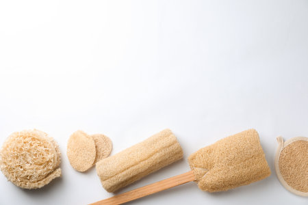 Natural shower loofah sponges on white background, top viewの写真素材