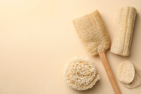 Natural shower loofah sponges on beige background, flat lay. Space for textの写真素材