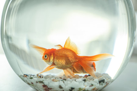 Beautiful bright goldfish in aquarium on tableの写真素材
