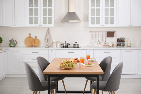 Beautiful kitchen interior with new stylish furnitureの写真素材