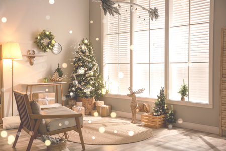 Beautiful living room interior decorated for Christmasの写真素材