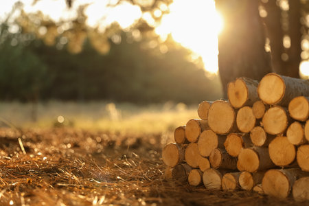 Stack of cut firewood in forest on sunny dayの写真素材