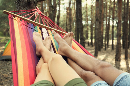 Couple resting in hammock outdoors on summer day, closeup of legsの写真素材