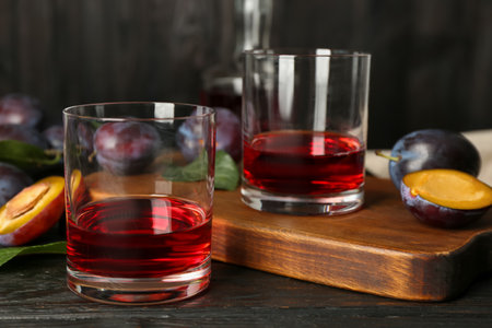 Delicious plum liquor and ripe fruits on black wooden table. homemade strong alcoholic beverageの写真素材