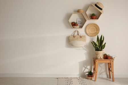 Room interior with hexagon wooden shelves on light wall. Space for textの写真素材