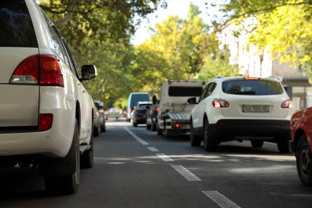 Cars in traffic jam on city streetの写真素材
