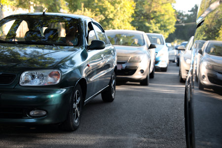 Cars in traffic jam on city streetの写真素材