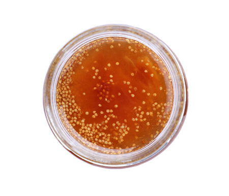 Homemade delicious fig jam isolated on white, top viewの写真素材