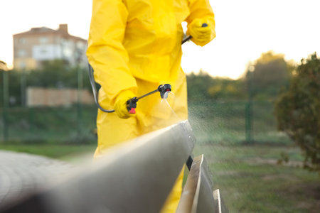 Person in hazmat suit disinfecting bench in park with sprayer, closeup.の写真素材