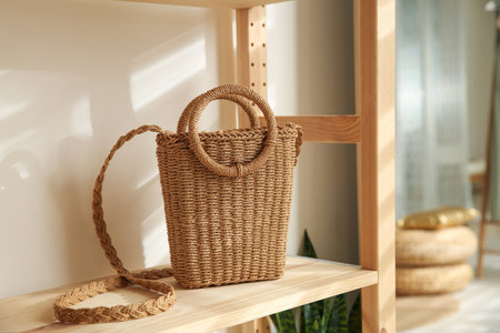 Stylish woman's bag on shelf in boutiqueの写真素材
