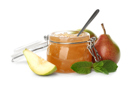 Delicious pear jam and fresh fruits on white backgroundの写真素材