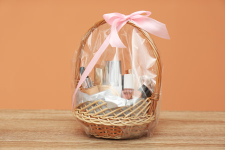 Wicker gift basket with cosmetic products on wooden tableの写真素材