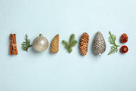 Flat lay composition with pinecones on light blue backgroundの写真素材