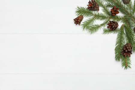 Flat lay composition with pinecones on white wooden background, space for text