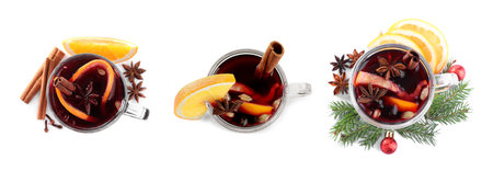 Set of aromatic mulled wine on white background, top view. banner designの写真素材