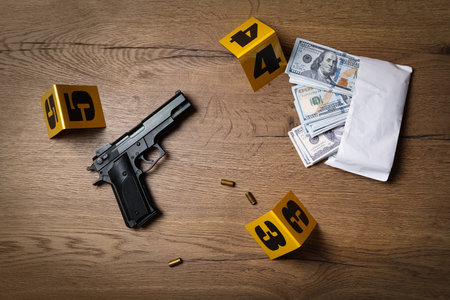 Flat lay composition with evidence and crime scene markers on wooden backgroundの写真素材