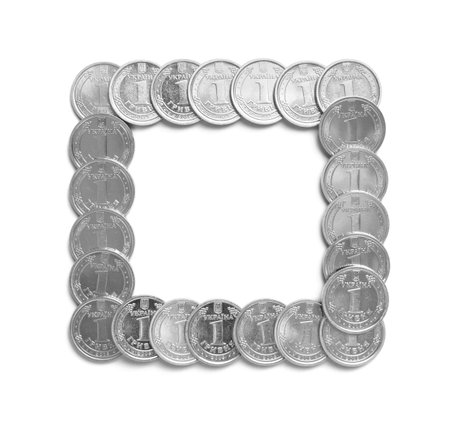 Frame of Ukrainian coins on white background, top view. national currencyの写真素材