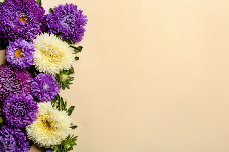 Beautiful asters and space for text on beige background, flat lay. autumn flowersの写真素材