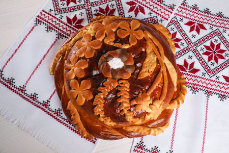 Korovai on rushnyk, top view. Ukrainian bread and salt welcoming traditionの写真素材