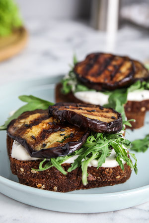 Delicious fresh eggplant sandwiches on plate, closeupの写真素材