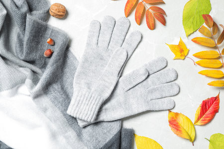 Stylish woolen gloves, scarf and dry leaves on white table, flat layの写真素材