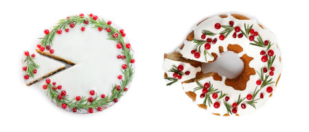 Decorated traditional Christmas cakes on white background, top view. banner designの写真素材