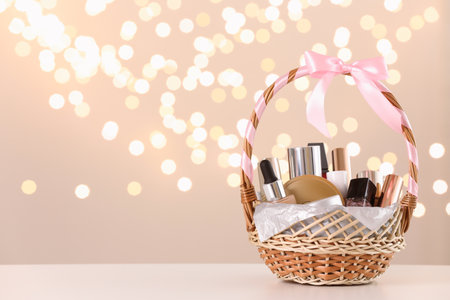 Wicker basket with cosmetics as present against blurred festive lights. Space for textの写真素材