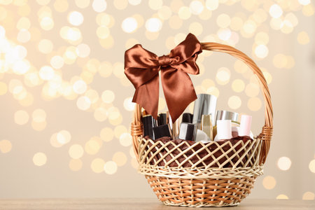 Wicker basket with cosmetics as present against blurred festive lights. Space for textの写真素材