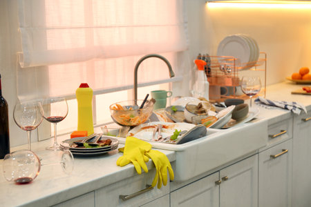 Dirty dishes in the kitchen after new year partyの写真素材