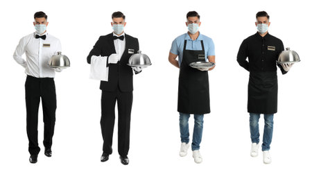 Collage with photos of waiter wearing medical mask on white background. Protective measures during coronavirus outbreak, banner designの写真素材
